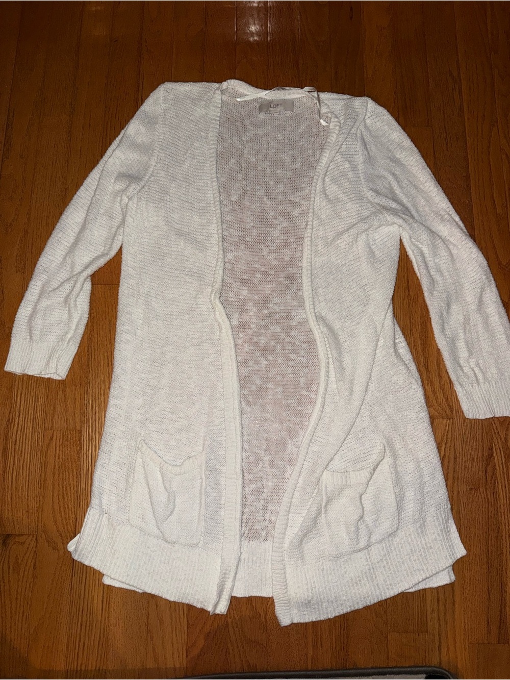 LOFT Cream Open-Front Knit Cardigan with Front Pockets